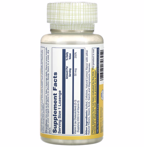 Solaray, Vitamin D-3 Lozenges, Lemon Flavor, 50 mcg, 60 Lozenges Solaray, Vitamin D-3 Lozenges, Lemon Flavor, 50 mcg, 60 Lozenges