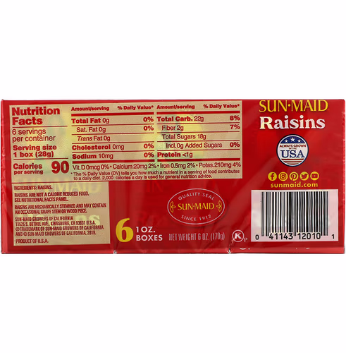 Sun-Maid, California Sun-Dried Raisins, 6 Boxes, 1 oz (28.3 g) Each Sun-Maid, California Sun-Dried Raisins, 6 Boxes, 1 oz (28.3 g) Each