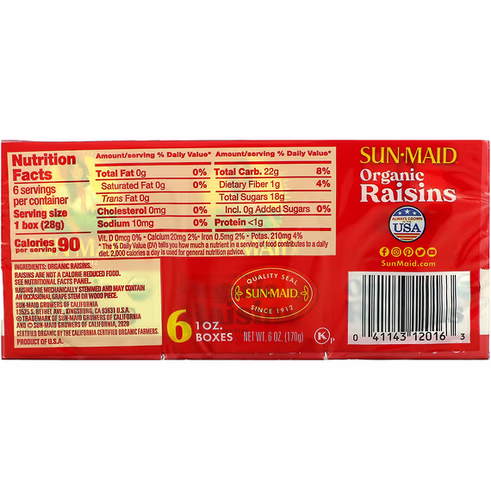 Sun-Maid, Organic California Sun-Dried Raisins, 6 Boxes, 1 oz (28.3 g) Each Sun-Maid, Organic California Sun-Dried Raisins, 6 Boxes, 1 oz (28.3 g) Each