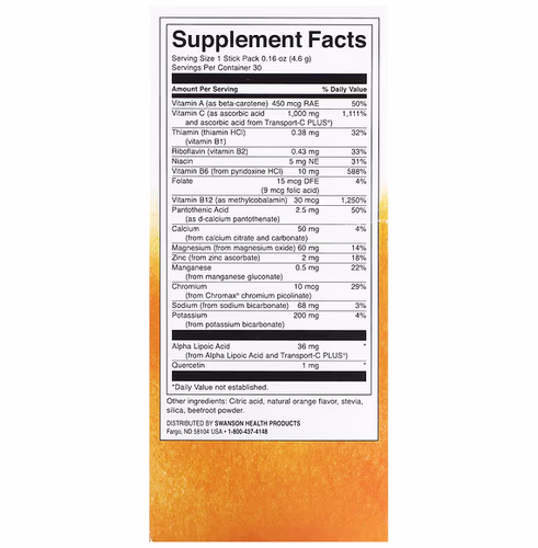 Swanson, Energy C with Electrolytes, Natural Orange, 30 Stick Packs, 0.16 oz (4.6 g) each