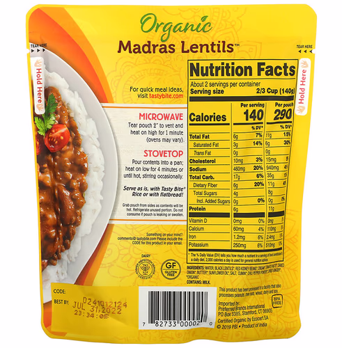 Tasty Bite, Organic Indian Madras Lentils, Original, Mild, 10 oz (285 g)