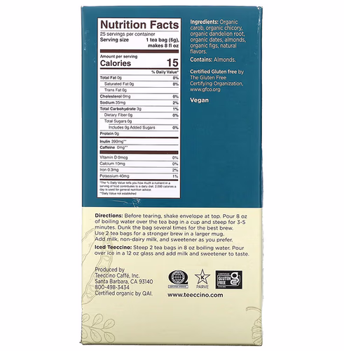 Teeccino, Roasted Herbal Tea, Dandelion Caramel Nut, Caffeine Free, 25 Tea Bags, 5.3 oz (150 g)