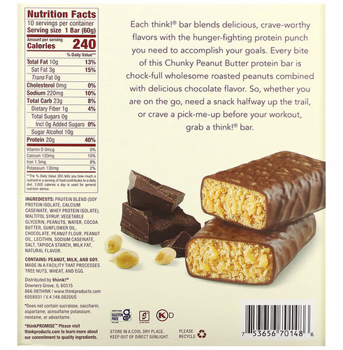 Think !, High Protein Bars, Chunky Peanut Butter, 10 Bars, 2.1 oz (60 g) Each