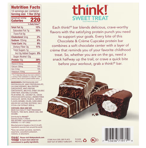 Think !, Sweet Treat High Protein Bar, Chocolate & Creme Cupcake, 10 Bars, 2.01 oz (57 g) Each