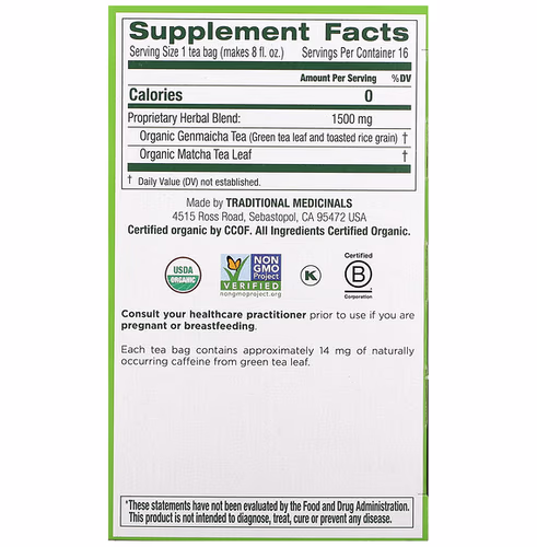 Traditional Medicinals, Organic Green Tea with Toasted Rice, Matcha, 16 Wrapped Tea Bags, 0.5 oz (1.5 g) Each Traditional Medicinals, Organic Green Tea with Toasted Rice, Matcha, 16 Wrapped Tea Bags, 0.5 oz (1.5 g) Each