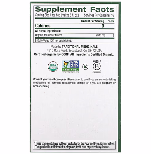 Traditional Medicinals, Organic Red Clover, Caffeine Free, 16 Wrapped Tea Bags, 1.13 oz (32 g)