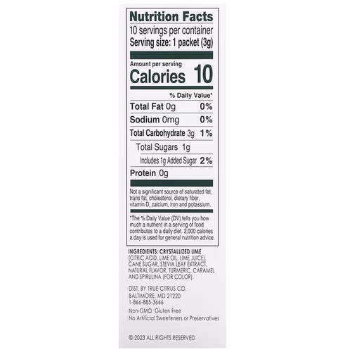 True Citrus, True Lime, Limeade, Original, 10 Packets, 0.11 oz (3 g) Each True Citrus, True Lime, Limeade, Original, 10 Packets, 0.11 oz (3 g) Each