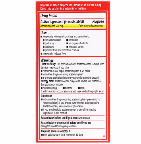Tylenol, Extra Strength Acetaminophen, Pain Reliever Fever Reducer For Adults, 500 mg, 100 Coated Tablets Tylenol, Extra Strength Acetaminophen, Pain Reliever Fever Reducer For Adults, 500 mg, 100 Coated Tablets