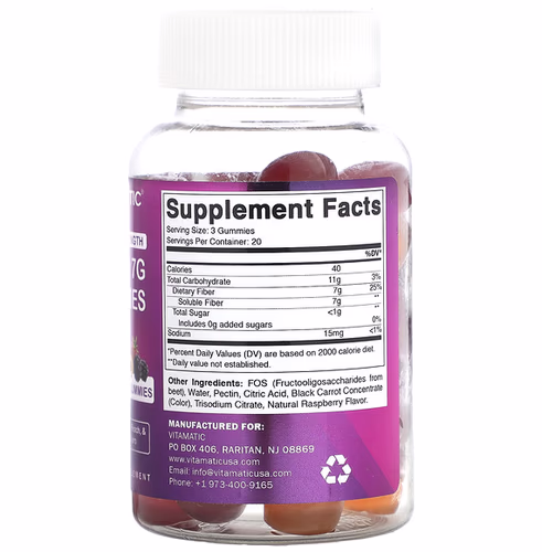 Vitamatic, Fiber Gummies, Extra Strength, Natural Blackberry, Peach, & Strawberry, 2.3 g, 60 Gummies