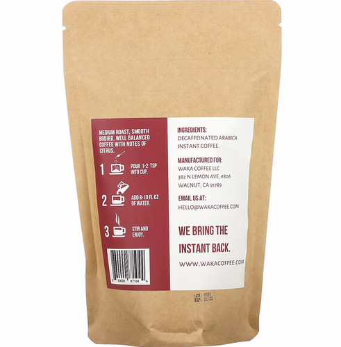 Waka Coffee, 100% Arabica Instant Coffee, Colombian, Medium Roast, Decaffeinated, 3.5 oz (99 g) Waka Coffee, 100% Arabica Instant Coffee, Colombian, Medium Roast, Decaffeinated, 3.5 oz (99 g)