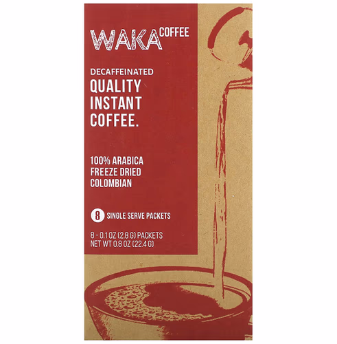 Waka Coffee 100% 阿拉比卡即溶咖啡，哥倫比亞，中度烘焙，不含咖啡因，8 包，每包 0.1 盎司（2.8 克） 香港