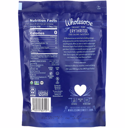 Wholesome Sweeteners, Organic-Pure Erythritol, Zero Calorie Sweetener, 12 oz (340 g) Wholesome Sweeteners, Organic-Pure Erythritol, Zero Calorie Sweetener, 12 oz (340 g)
