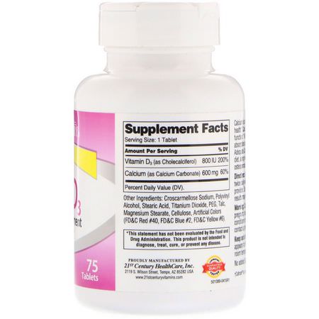 鈣加維生素D, 鈣: 21st Century, 600+D3, Calcium Supplement, 75 Tablets