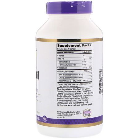 Omega-3魚油, EPA DHA: 21st Century, Fish Oil Reflux Free, 1000 mg, 180 Enteric Coated Softgels