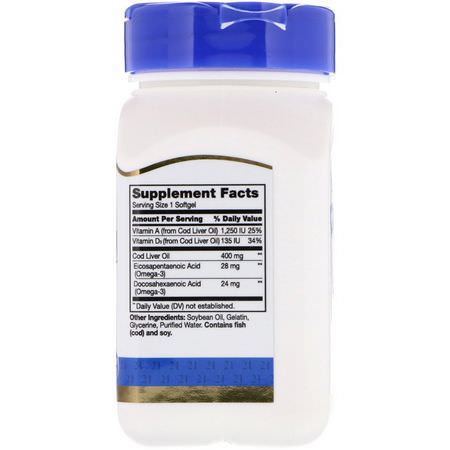 魚肝油, 歐米茄EPA DHA: 21st Century, Norwegian Cod Liver Oil, 400 mg, 110 Softgels