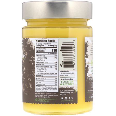 酥油, 醋: 4th & Heart, Ghee Clarified Butter, Grass-Fed, Vanilla Bean, 9 oz (225 g)