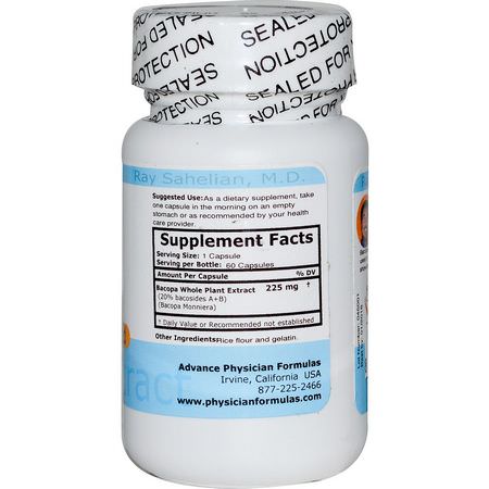 巴科帕, 適應原: Advance Physician Formulas, Bacopa Extract, 225 mg, 60 Capsules