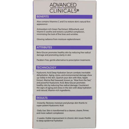 乳霜, 透明質酸血清: Advanced Clinicals, Hyaluronic Serum, Instant Skin Hydrator, 1.75 fl oz (52 ml)