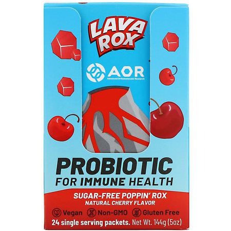 益生菌, 消化: Advanced Orthomolecular Research AOR, Lava Rox, Probiotic for Immune Health, Natural Cherry Flavor, 24 Packets, .2 oz (6 g) Each