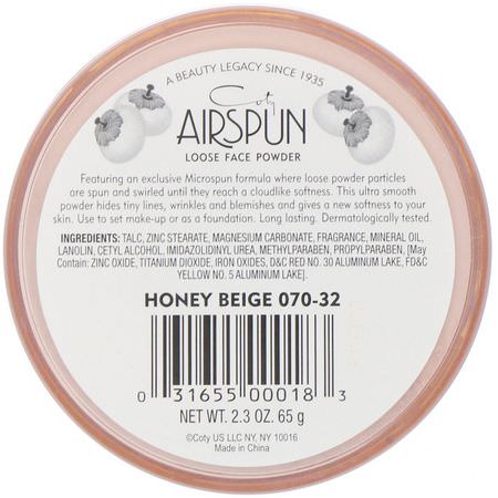 定型噴霧, 粉末: Airspun, Loose Face Powder, Honey Beige 070-32, 2.3 oz (65 g)