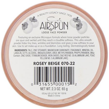 定型噴霧, 粉末: Airspun, Loose Face Powder, Rosey Beige 070-22, 2.3 oz (65 g)