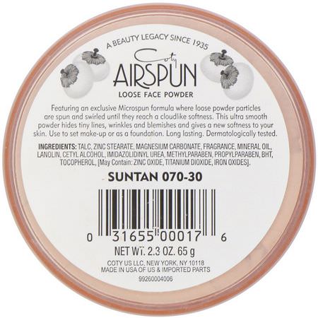 定型噴霧, 粉末: Airspun, Loose Face Powder, Suntan 070-30, 2.3 oz (65 g)