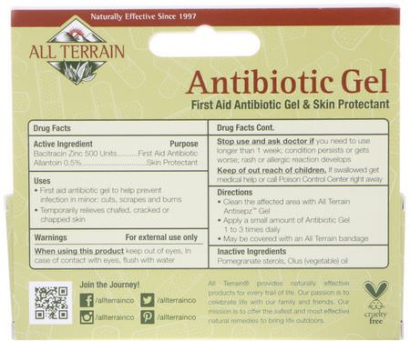 藥膏, 外用藥: All Terrain, Antibiotic Gel, First Aid Antibiotic Gel & Skin Protectant, 0.5 fl oz (15 ml)
