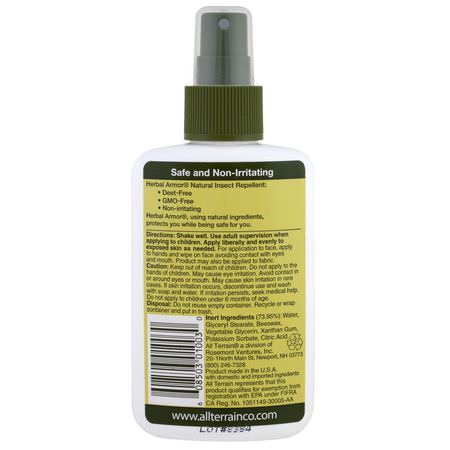 驅蟲劑, 臭蟲: All Terrain, Herbal Armor, Natural Insect Repellent Deet-Free Pump Spray, 4 fl oz (120 ml)