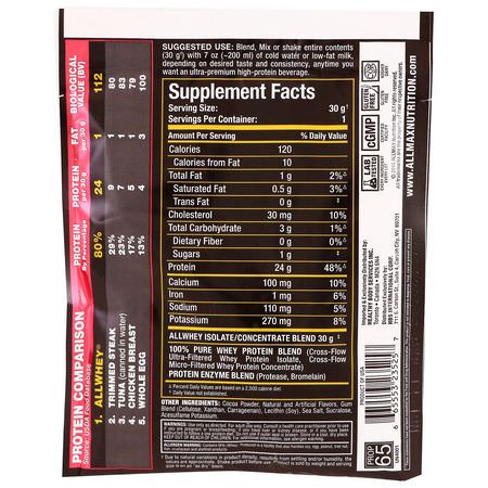 乳清蛋白, 運動營養: ALLMAX Nutrition, AllWhey Gold, 100% Whey Protein + Premium Whey Protein Isolate, Chocolate, 1.06 oz (30 g)
