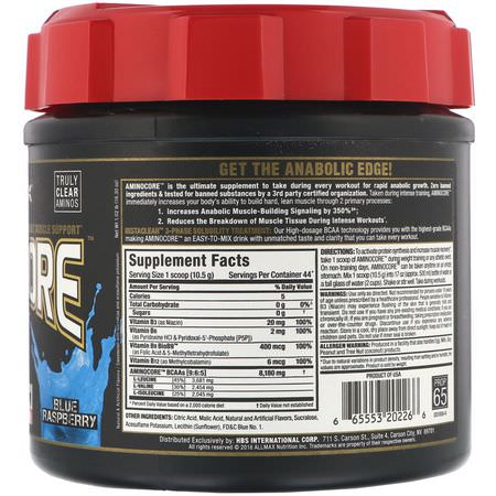 BCAA, 氨基酸: ALLMAX Nutrition, AMINOCORE, Instantized BCAAs, Blue Raspberry, 1.02 lbs (462 g)