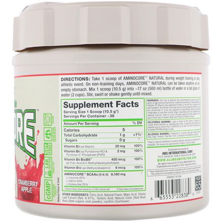 BCAA, 氨基酸: ALLMAX Nutrition, Aminocore Natural, Instantized BCAAs, Cranberry Apple, 13.3 oz (378 g)