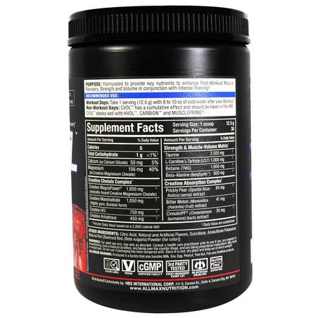 氨基酸: ALLMAX Nutrition, C:VOL, Professional-Grade Creatine + Taurine + L-Carnitine Complex, Raspberry Kiwi Kamikaze, 13.2 oz (375 g)
