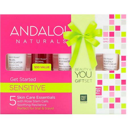 禮品套裝, 血清: Andalou Naturals, 1000 Roses, Get Started Kit, Sensitive, 5 Piece Kit