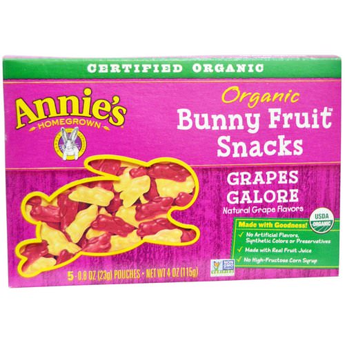Annie's Homegrown, Organic Bunny Fruit Snacks, Grapes Galore, 5 Pouches, 0.8 oz (23 g) Each Review