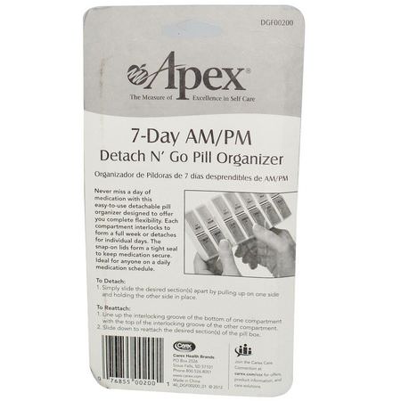 藥丸整理器, 急救: Apex, 7-Day AM/PM Detach N' Go, 1 Pill Organizer