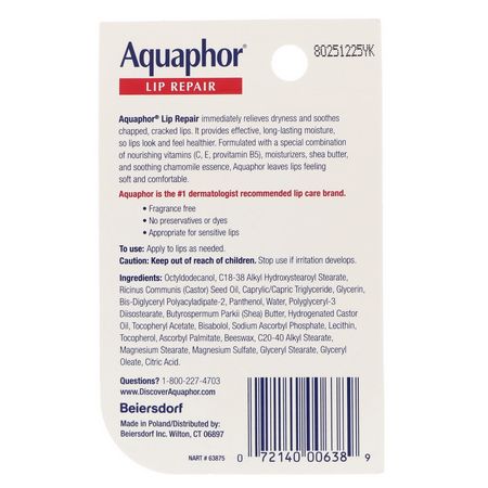 潤唇膏, 護唇霜: Aquaphor, Lip Repair, Immediate Relief, Fragrance Free, .35 fl oz (10 ml)