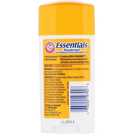 浴缸除臭劑: Arm & Hammer, Essentials Natural Deodorant, Unscented, 2.5 oz (71 g)