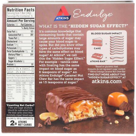 小吃店, 營養棒: Atkins, Endulge, Caramel Nut Chew Bar, 5 Bars, 1.2 oz (34 g) Each