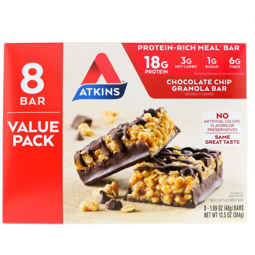 Atkins, Meal Bar, Chocolate Chip Granola Bar, 8 Bars, 1.69 oz (48 g) Each Review