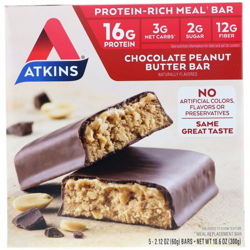 Atkins, Meal Bar, Chocolate Peanut Butter Bar, 5 Bars, 2.12 oz (60 g) Each Review