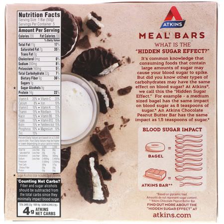 小吃店, 營養棒: Atkins, Meal Bar, Cookies n' Creme Bar, 5 Bars, 1.76 oz (50 g) Each