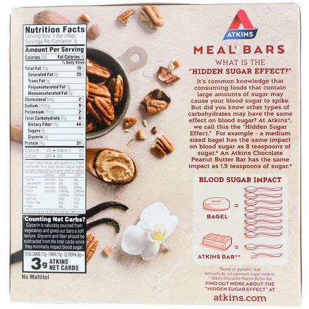 營養棒: Atkins, Meal Bar, Vanilla Pecan Crisp Bar, 5 Bars, 1.69 oz (48 g) Each