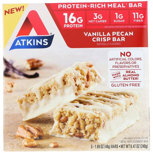 Atkins, Meal Bar, Vanilla Pecan Crisp Bar, 5 Bars, 1.69 oz (48 g) Each Review