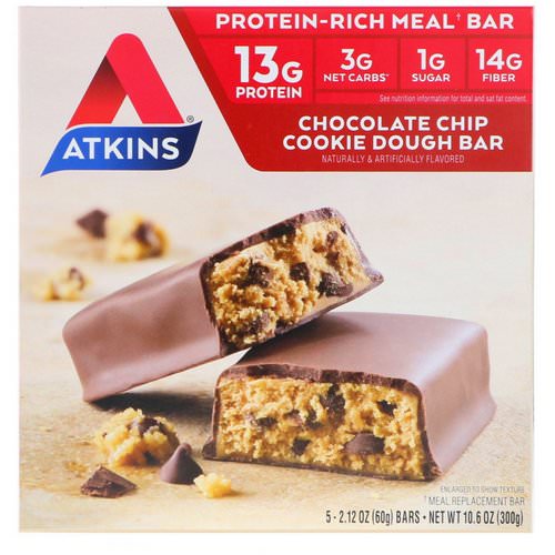 Atkins, Meal, Chocolate Chip Cookie Dough Bar, 5 Bars, 2.12 oz (60 g) Each Review