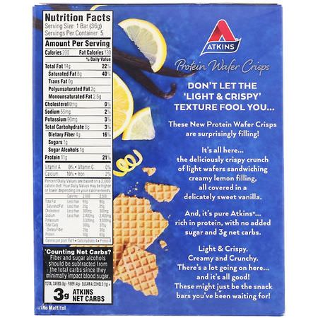 蛋白質小吃, 布朗尼蛋糕: Atkins, Protein Wafer Crisps, Lemon Vanilla, 5 Bars, 1.27 oz (36 g) Each