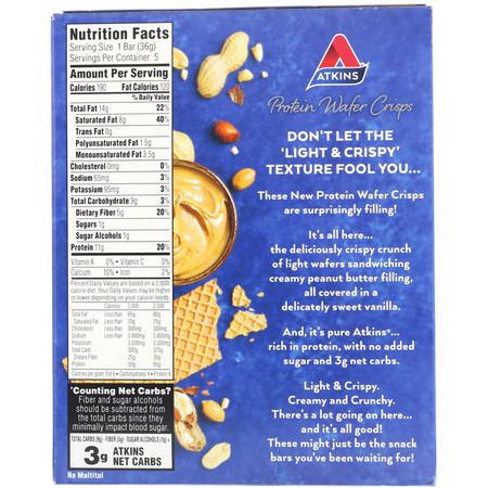 蛋白質小吃, 布朗尼蛋糕: Atkins, Protein Wafer Crisps, Peanut Butter, 5 Bars, 1.27 oz (36 g) Each
