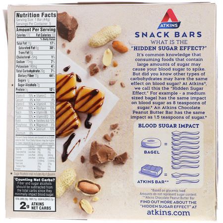 小吃店, 營養棒: Atkins, Snack, Caramel Chocolate Peanut Nougat Bar, 5 Bars, 1.6 oz (44 g) Each