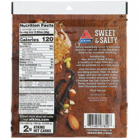零食, 零食: Atkins, Sweet & Salty Snacks, Honey Almond Vanilla Crunch Bites, 5.29 oz (150 g)