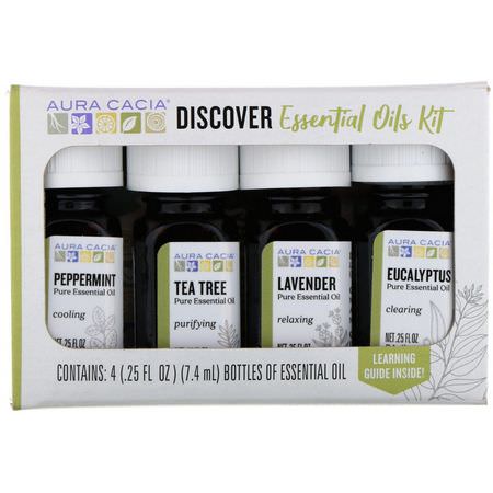 禮品套裝, 精油: Aura Cacia, Discover Essential Oils Kit, 4 Bottles, .25 fl oz (7.4 ml) Each