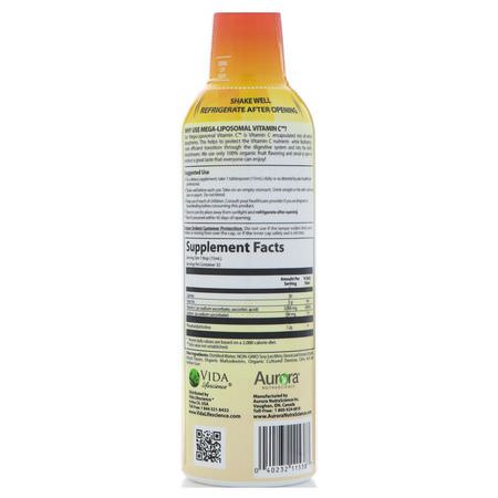 流感, 咳嗽: Aurora Nutrascience, Mega-Liposomal Vitamin C, Organic Fruit Flavor, 3000 mg, 16 fl oz (480 ml)